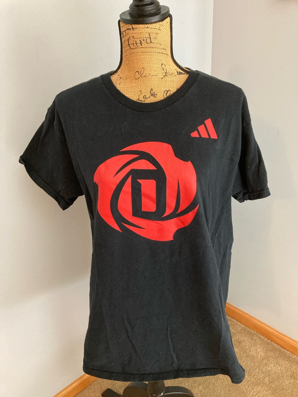 Adidas Black Short-Sleeve Tee with Red Rose Graphic